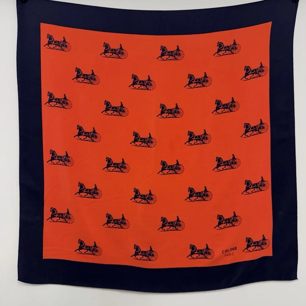 Celine Silk Scarf Bright Coral and Navy 22