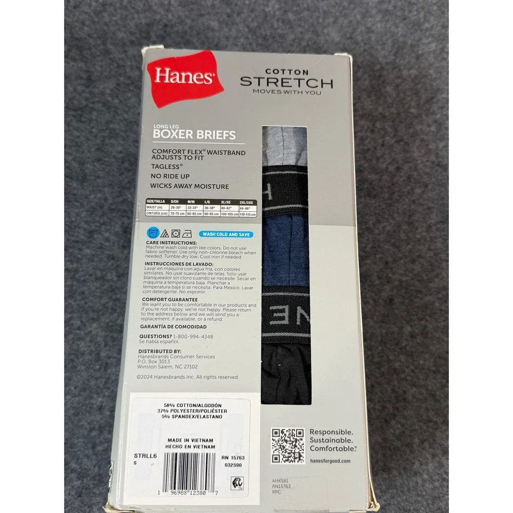Hanes Boxer Briefs Mens Small Multicolor New 6 Pack Cotton Stretch Long Leg