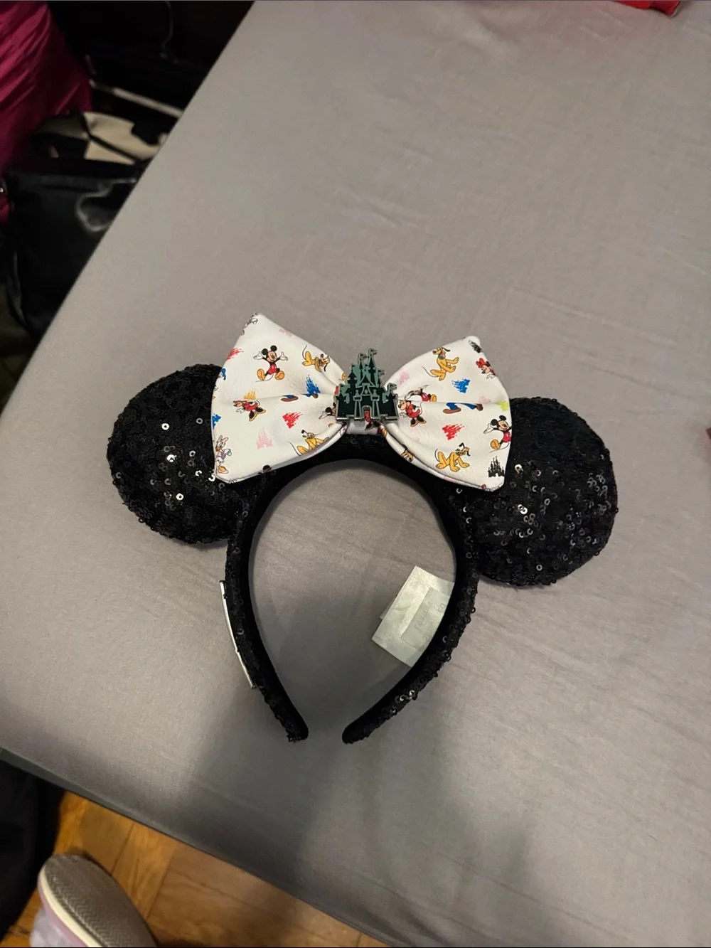 Loungefly Black Sequin Minnie Ears Headband with White Character Bow