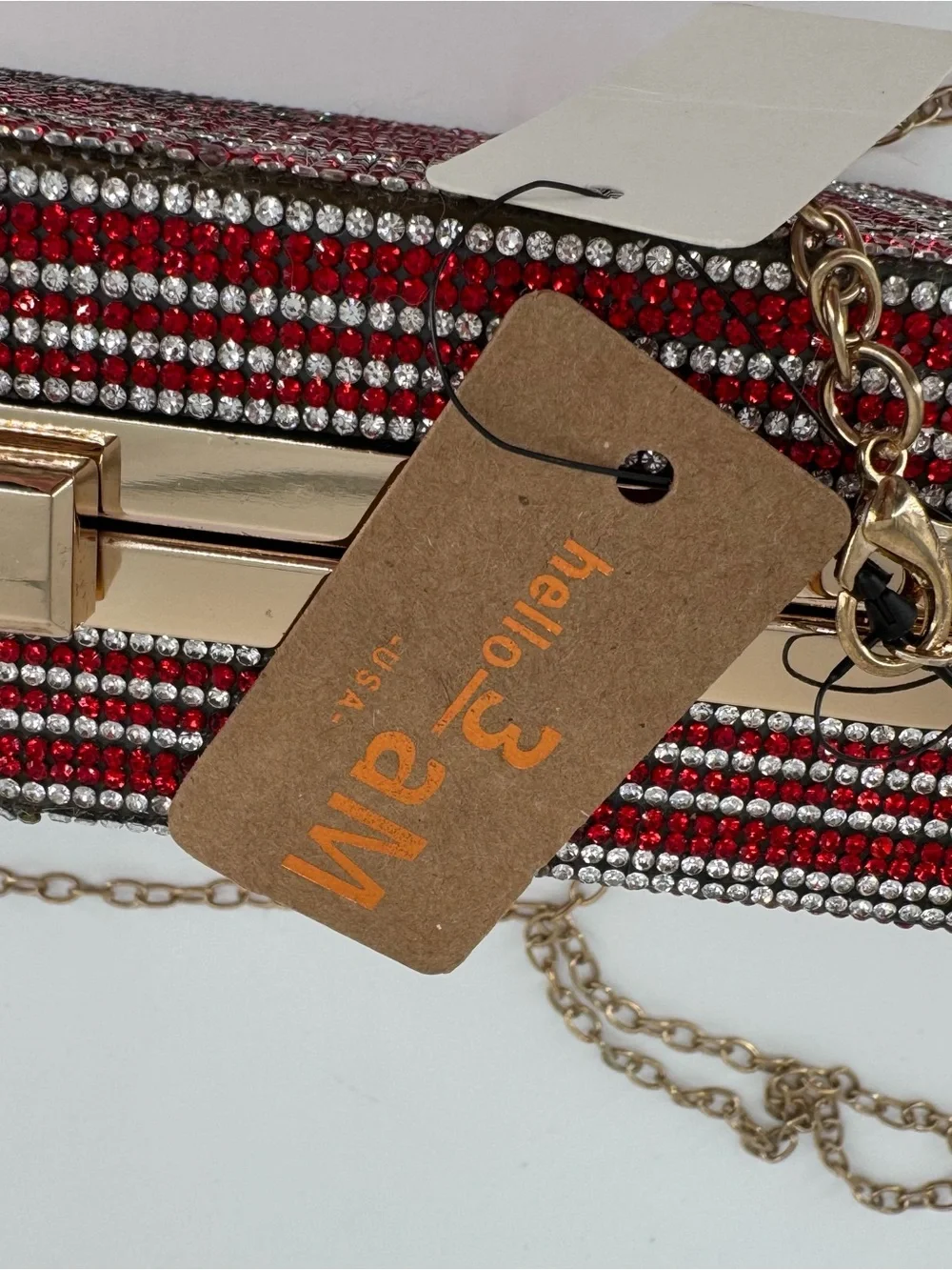 Fashion Express Red Crystal Evening Clutch with Gold Chain Strap