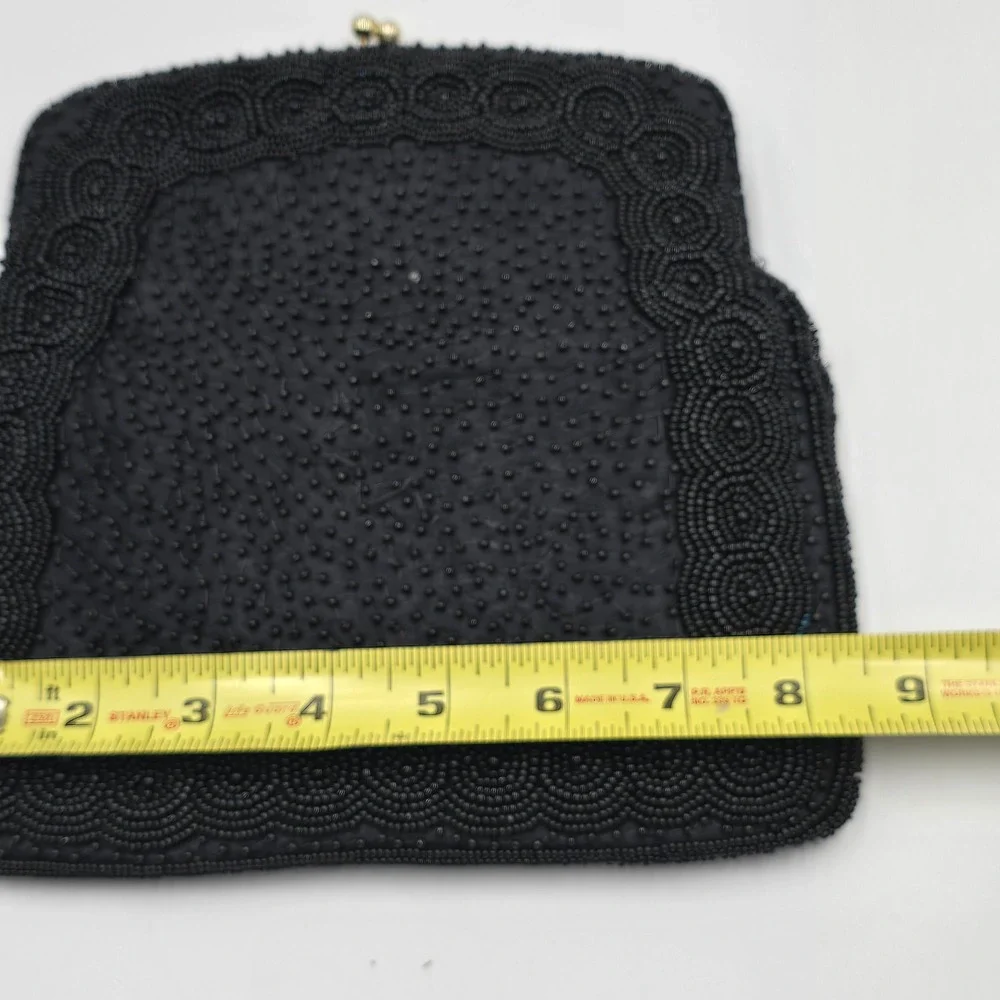 Vintage Black Beaded Evening Bag Clutch Gold Chain Kiss Lock Made in Korea