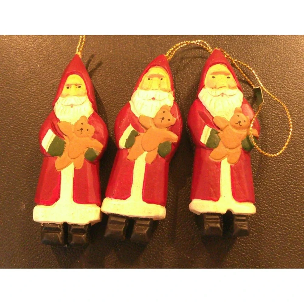 Santa Claus Teddy Bear Christmas Tree Holiday Ornaments Set Of 3 Wood‎