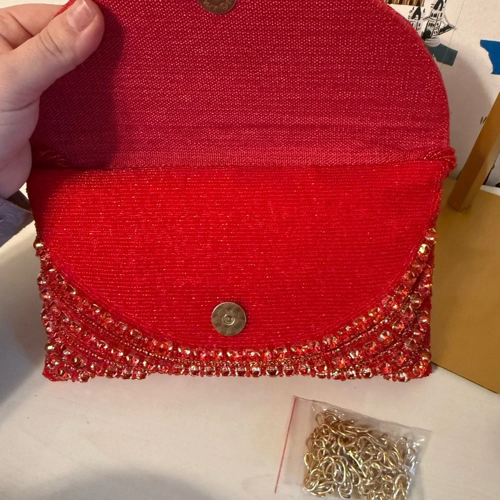 Red Beaded Evening Clutch Bag Seed Bead Crystal‎ Formal Crossbody Handbag