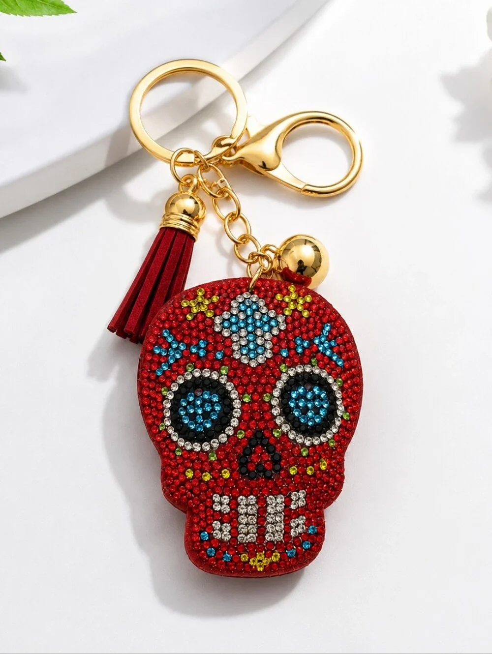 NWT Red Rhinestone Sugar Skull Keychain | Purse Charm | Tassel Bag Charm