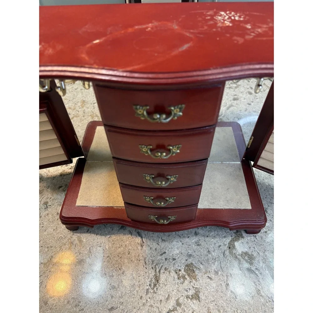 Vintage Wooden Jewelry Armoire Cherry Finish Etched Glass 5 Drawers Mirror Box