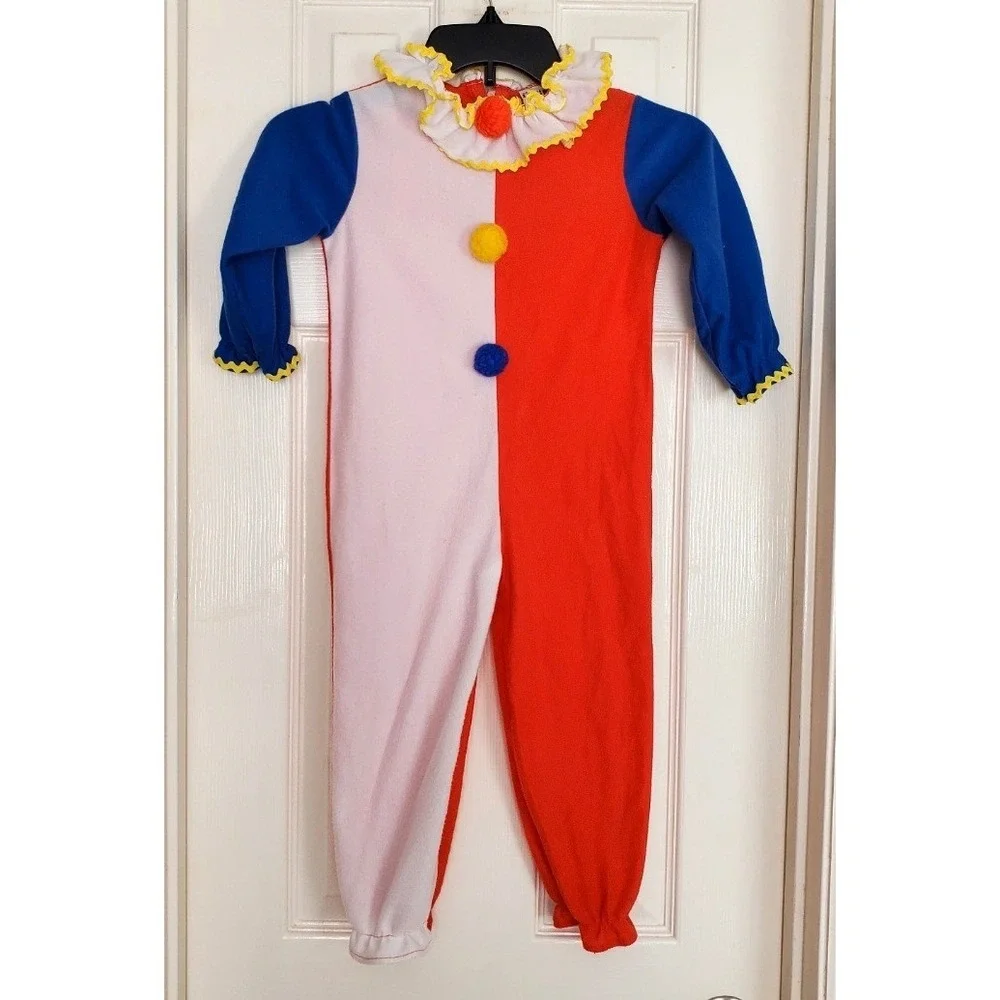 Vintage 80's Clown‎ Costume Multicolor Ruffle Pom Pom Halloween Dress Up Med 3/4