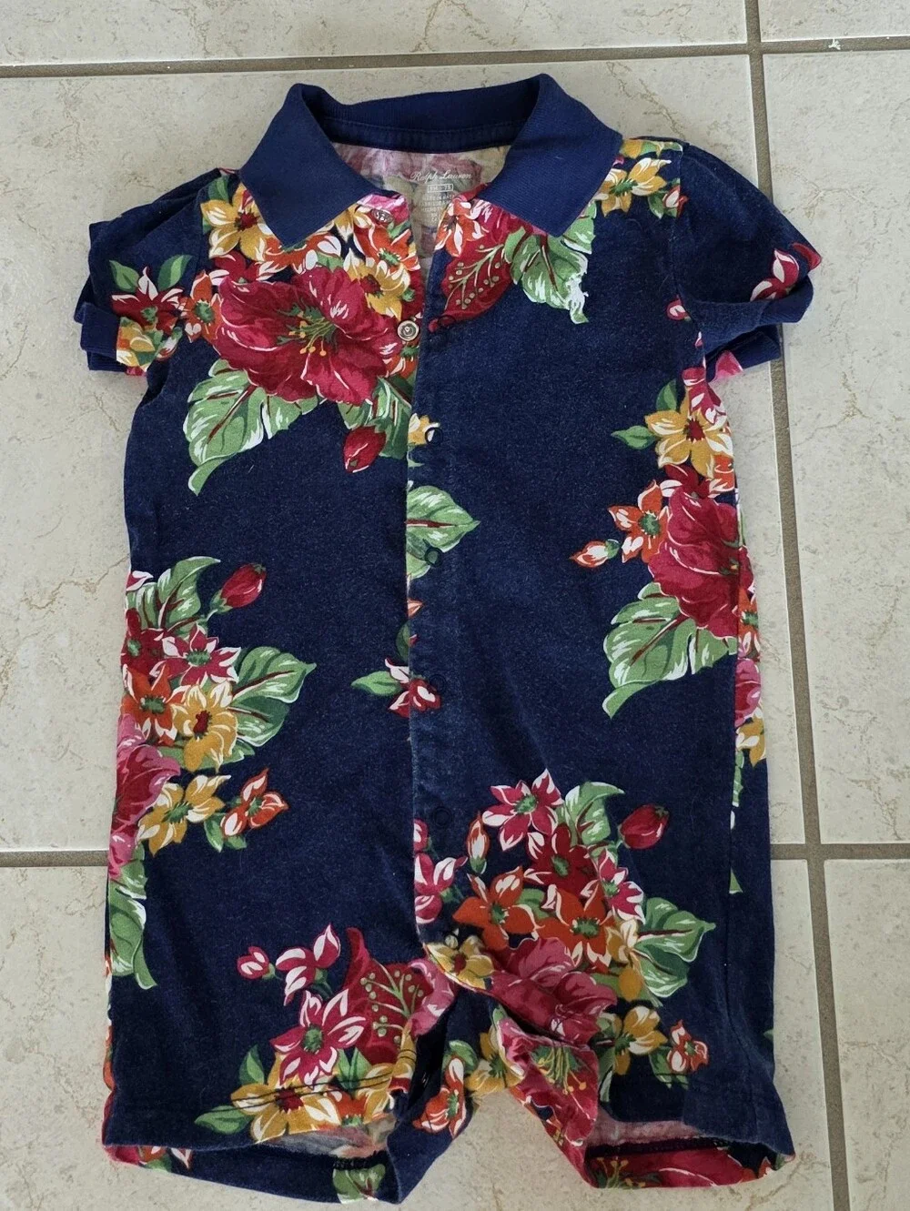 Ralph Lauren Navy Floral Polo Romper with Red & Green Bouquet