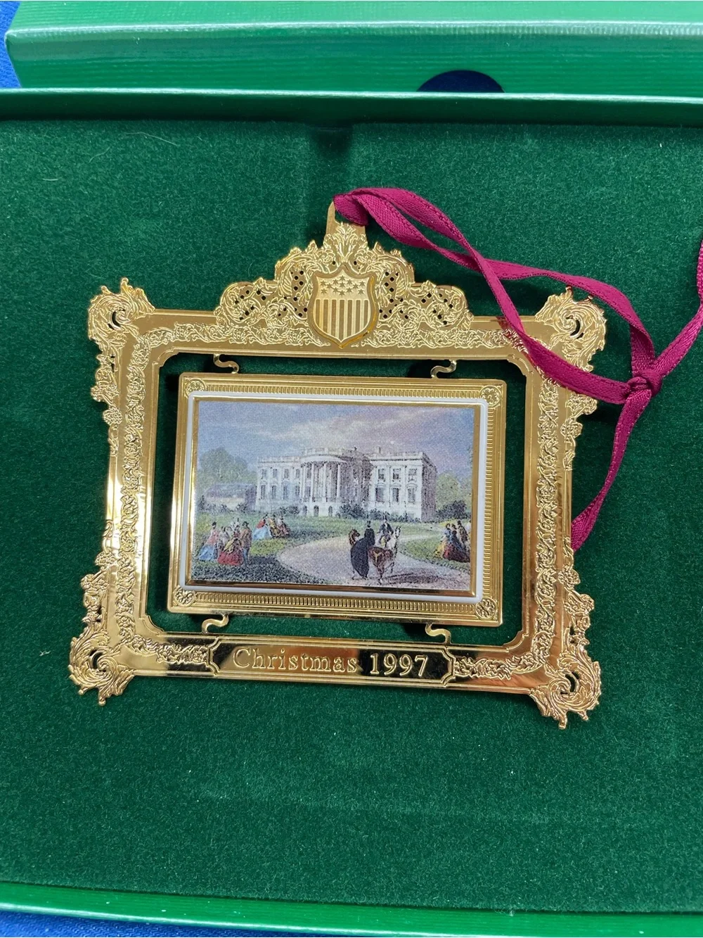 Gold Christmas 1997 White House Frame Ornament with Burgundy Ribbon