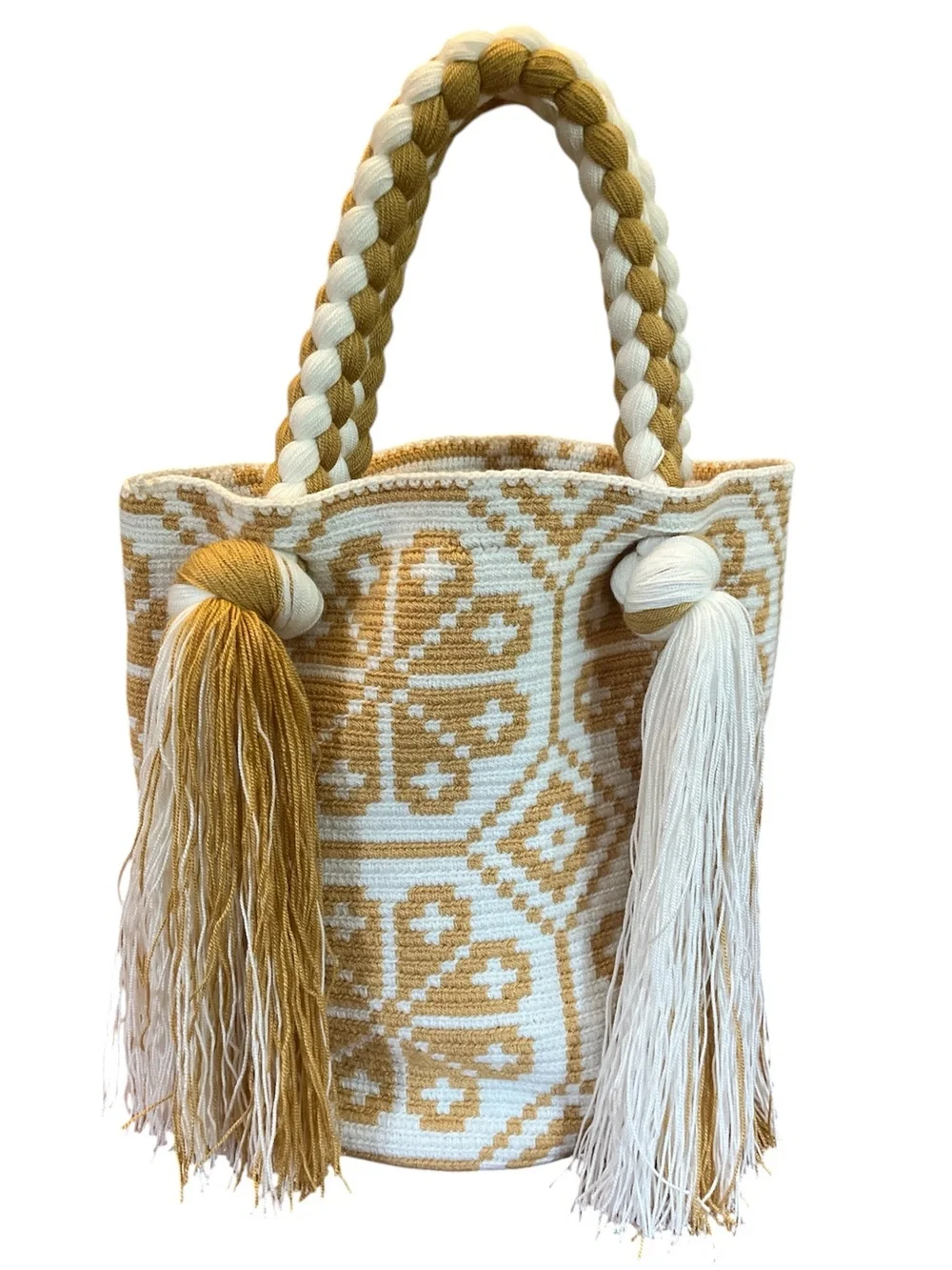 Wayuu Mochila bag Handwoven Tote Bag Cream & Mustard floral & Tassel design.
