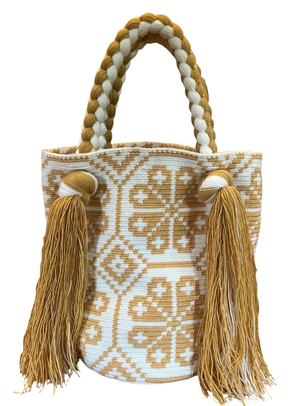 Wayuu Mochila bag Handwoven Tote Bag Cream & Mustard floral & Tassel design.