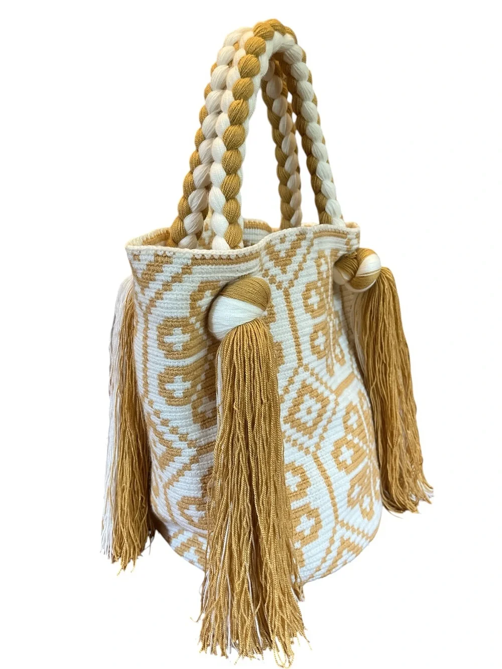 Wayuu Mochila bag Handwoven Tote Bag Cream & Mustard floral & Tassel design.