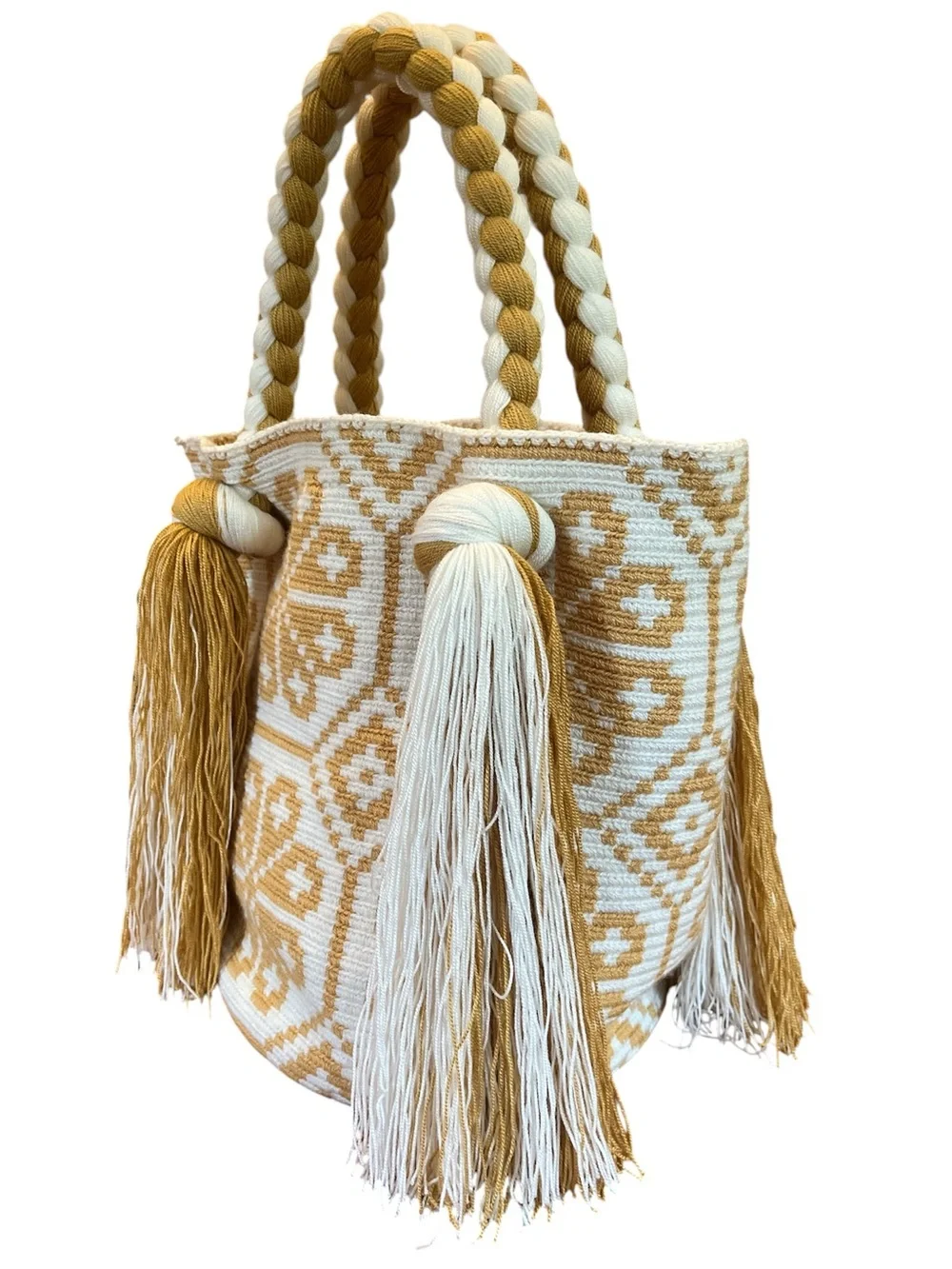 Wayuu Mochila bag Handwoven Tote Bag Cream & Mustard floral & Tassel design.