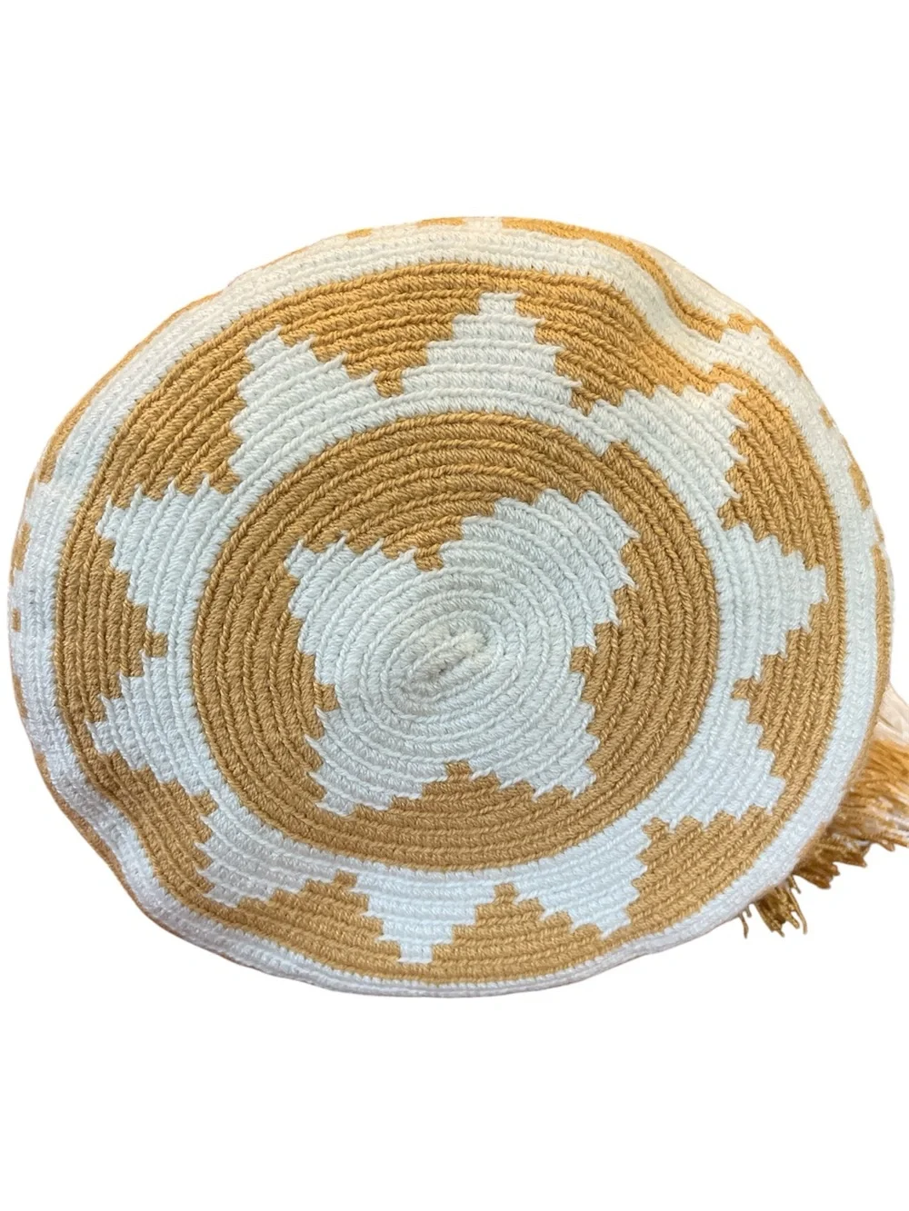Wayuu Mochila bag Handwoven Tote Bag Cream & Mustard floral & Tassel design.
