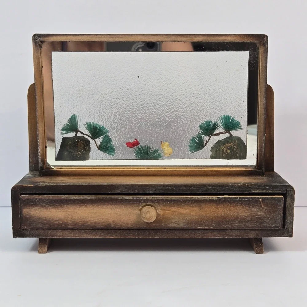 Vintage Wooden Jewelry Box Diorama Mirror Miniature Pine Tree Trinket Drawer 7in