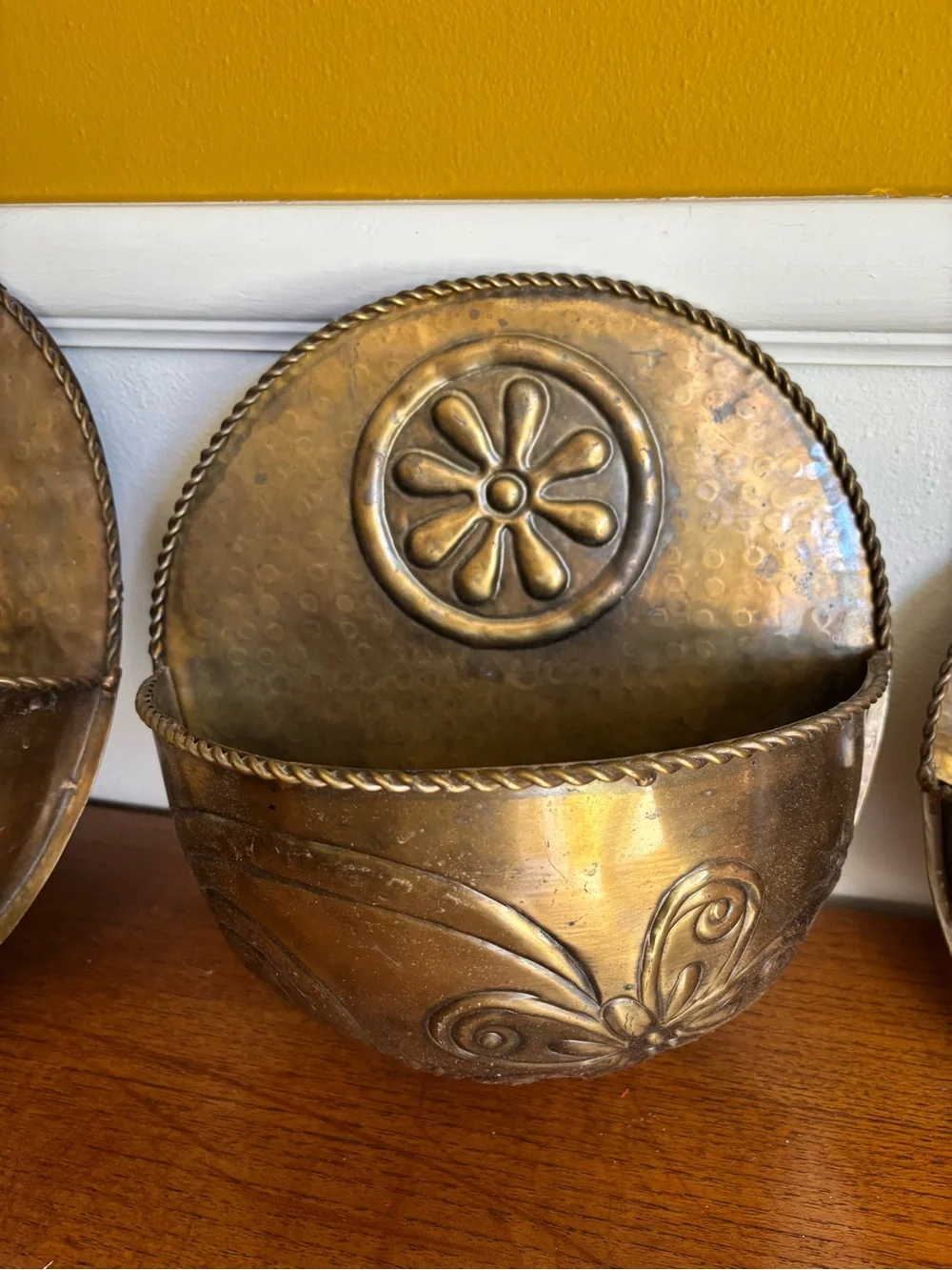 Set of three brass wall pocket hanging plant holders vintage butterfly flower