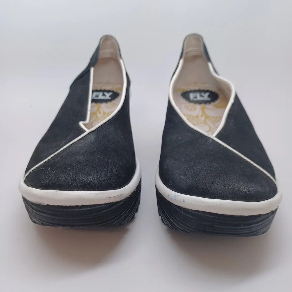 Fly London Black Nubuck Leather Asymmetrical Wedge Platform Pumps 38 or 7