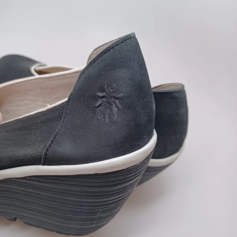 Fly London Black Nubuck Leather Asymmetrical Wedge Platform Pumps 38 or 7