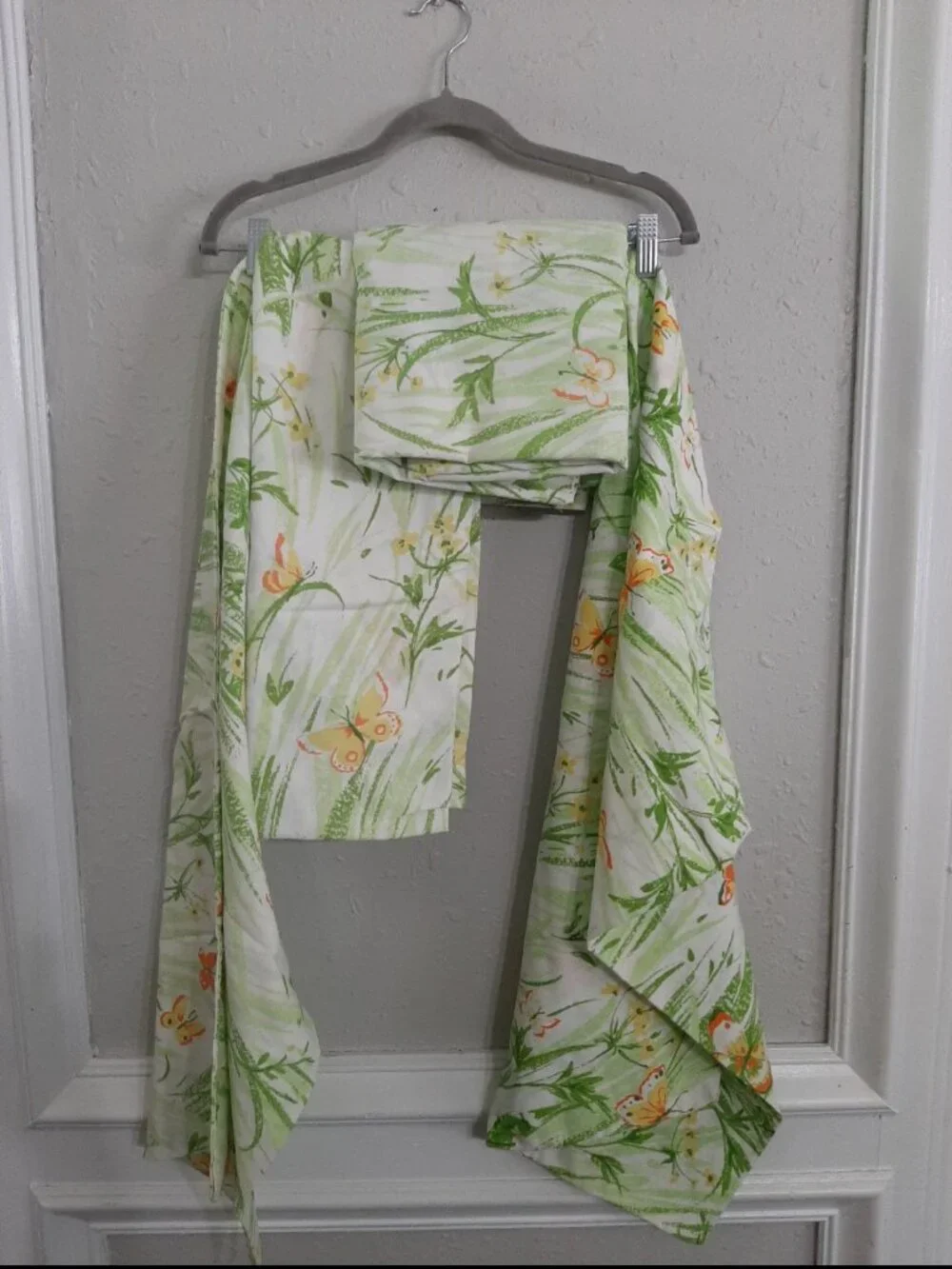 Vintage 70s bed set sheets flat fitted 2 pillowcases butterfly boho