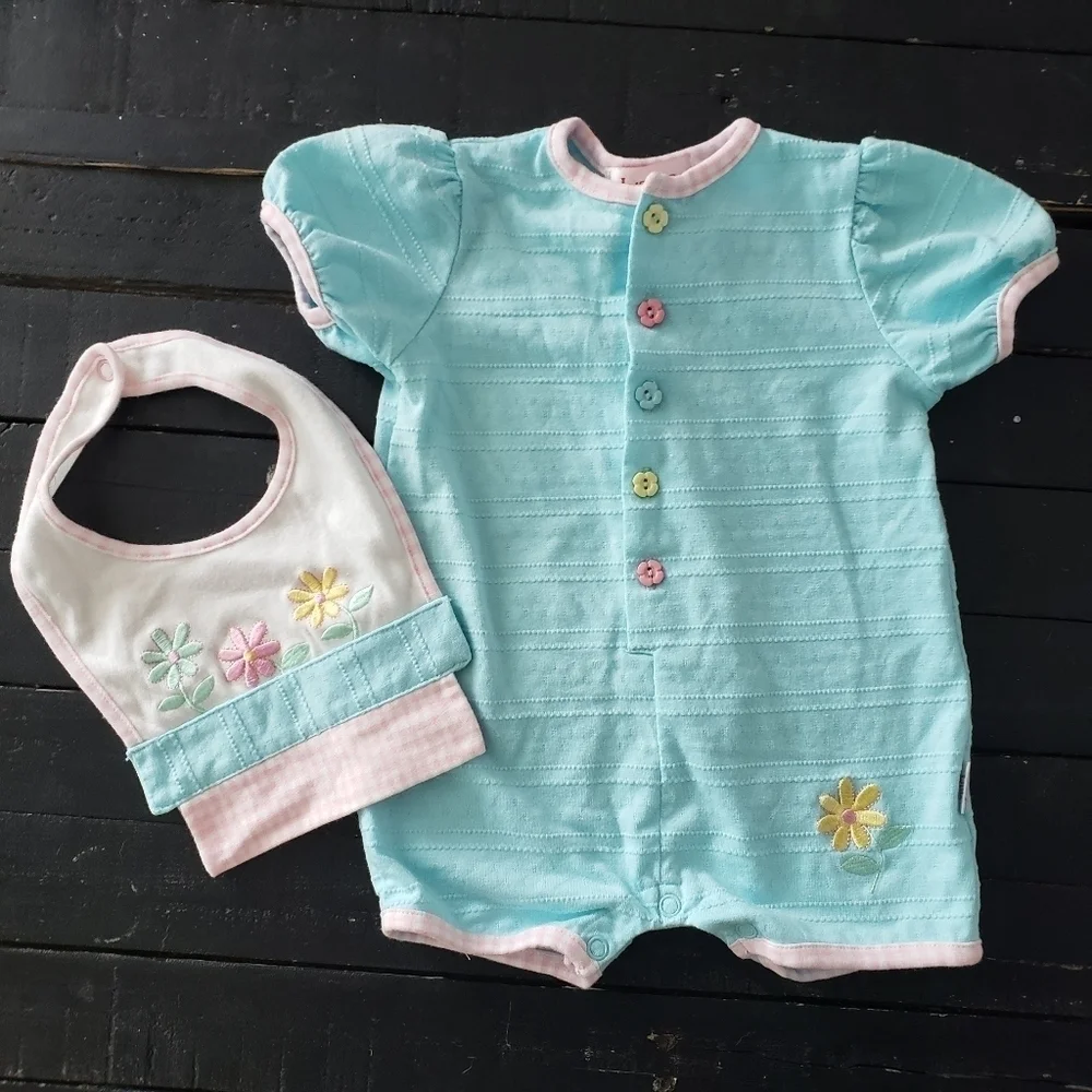 Little Red Hen Baby Girl 6/9 Months Two Pieces Set Blue Romper Bib Flower Button