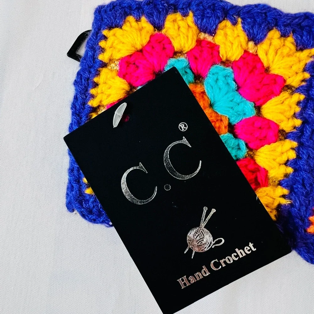 C.C. Hand Crochet Headwrap purple Pink yellow fuzzy Lined Multi Color New