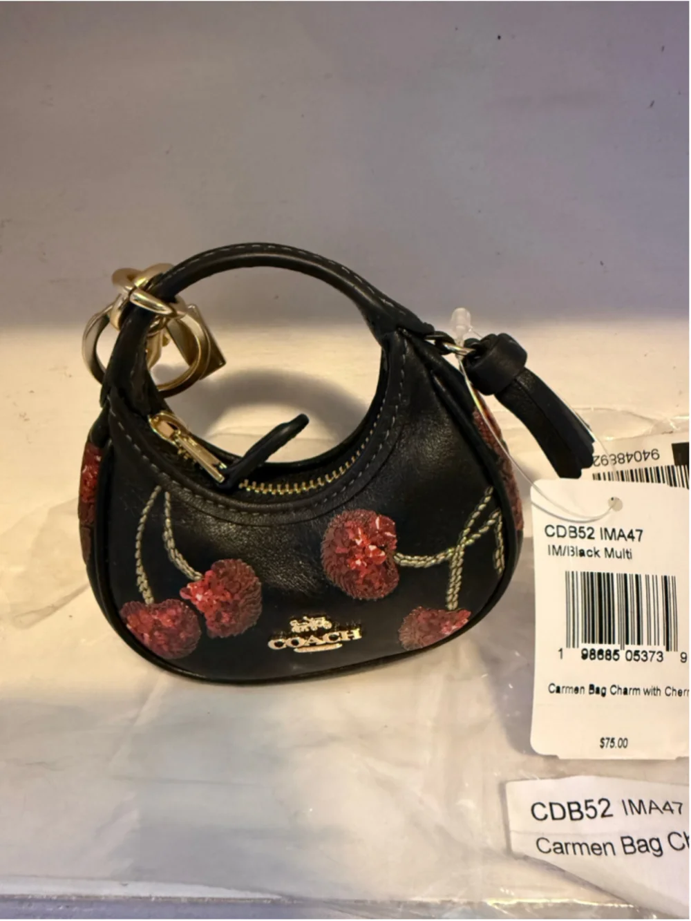 NEW Coach Carmen Mini Bag Charm with Sequin Black Cherry Print Black Multi NWT