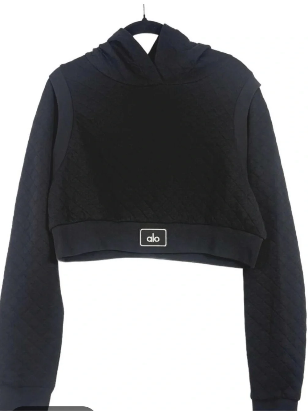 ALO Yoga Black Quilted Cropped Arena Hoodie Diamond Knit Pullover Size M
