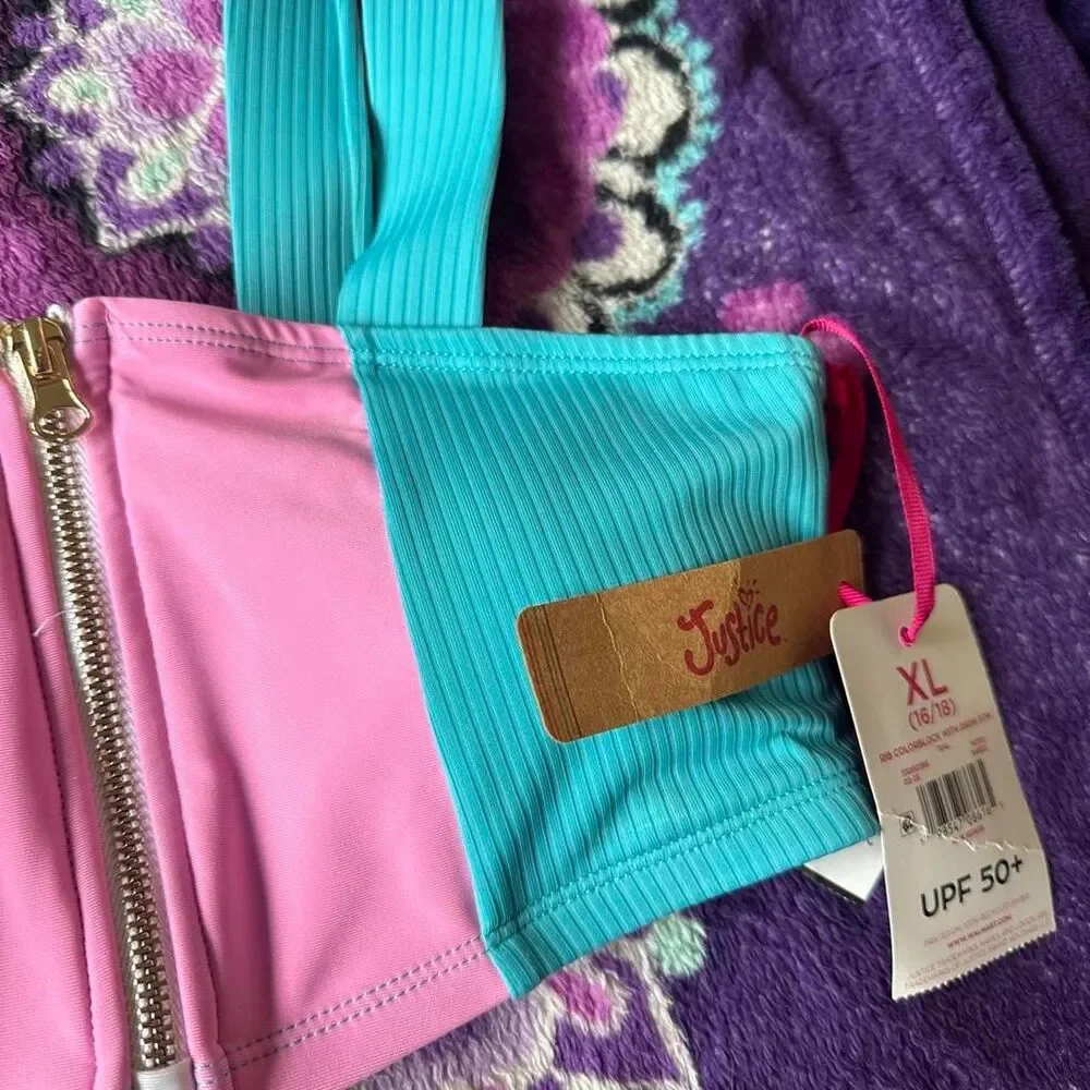 Justice pink and teal color-blocked zip-up bathing suit for kids in XL