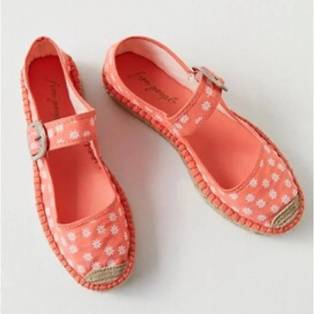 FREE PEOPLE SURFSIDE DAISY PRINT MARY JANE ESPADRILLES TANGERINE ORANGE EU39 NEW