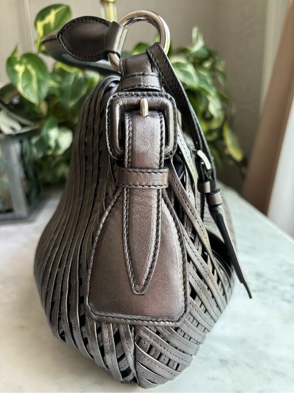 Jil Sander Metallic Silver Woven Top-Handle Satchel