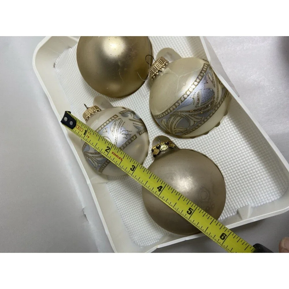 4 Vintage Gold  and Decorated Balls in Box 2.5 inch Not Perfect