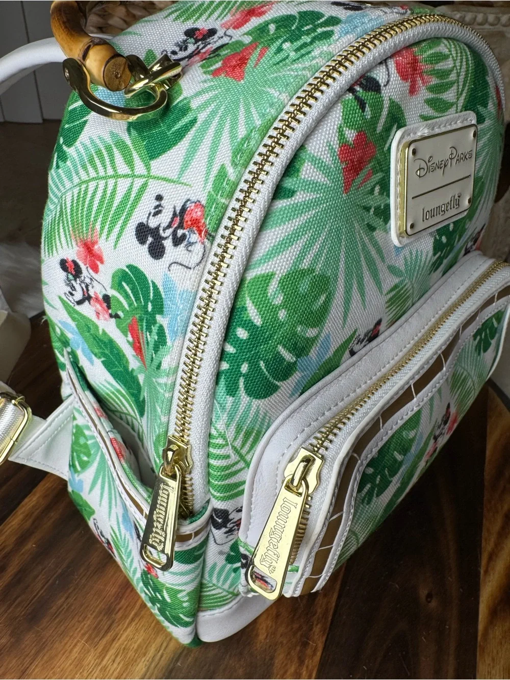 Disney White & Green Tropical Mickey Mini Backpack with Bamboo Handle