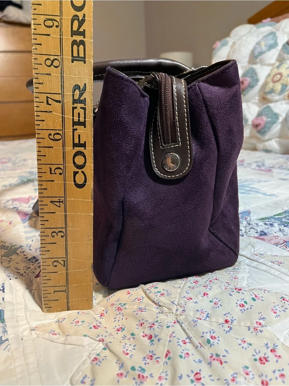 Y2K 2010s Tommy Hilfiger Purple Sueded Satchel Green Stripe and Brown Handles