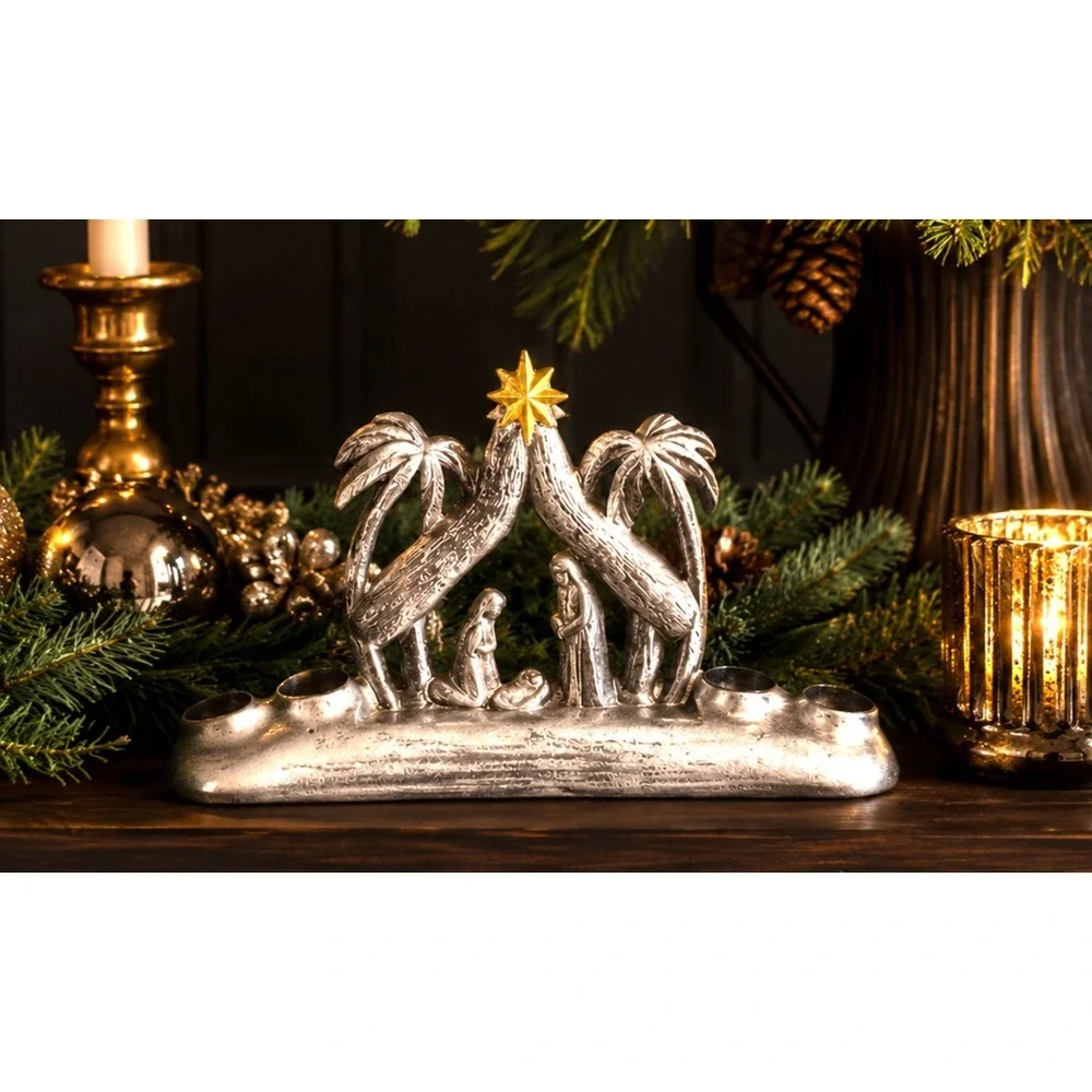 Demdaco Wendy Wiinanen 2018 Nativity Luke 4 Candle Holders Metallic Silver
