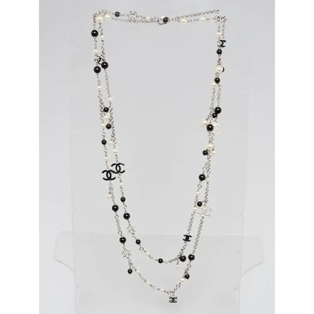 Chanel Silver-tone Beaded Faux Pearl Interlocking CC Long Necklace