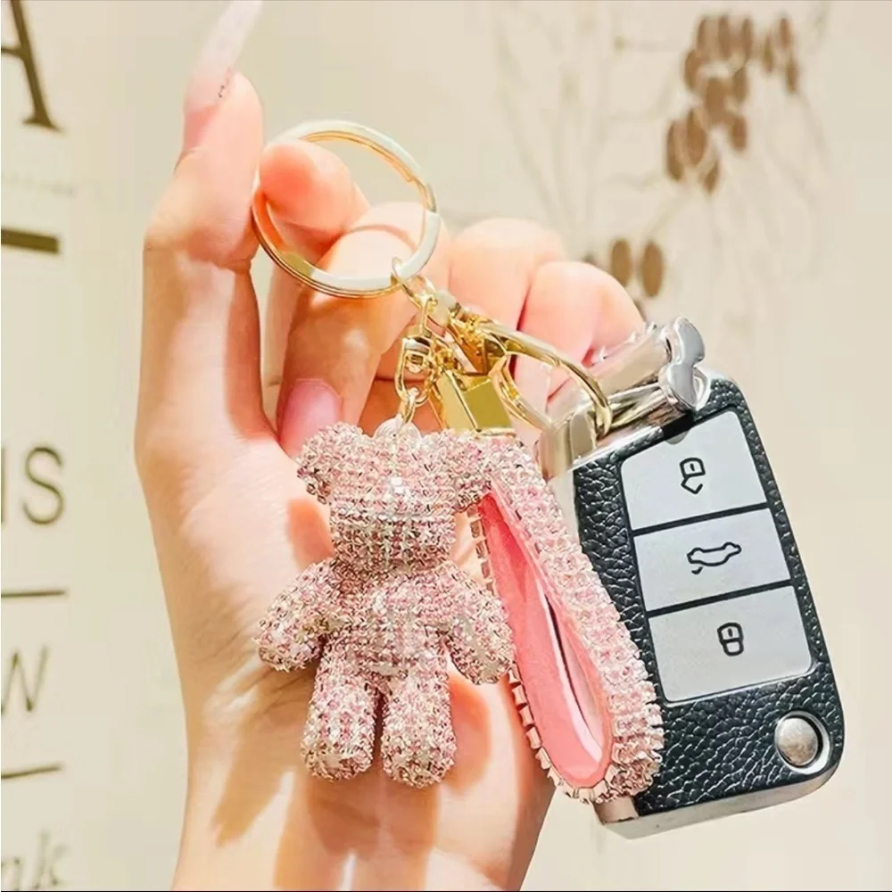 Pink & Gold Rhinestone Teddy Bear Keychain for Wallet,Backpack,Purse