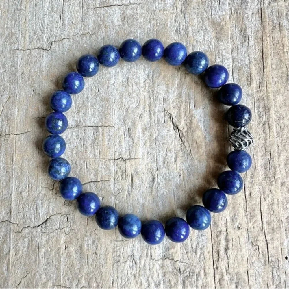 Lapis Lazuli Gemstone Bracelet Sterling Silver Accent Bead Unisex - 8mm Beads