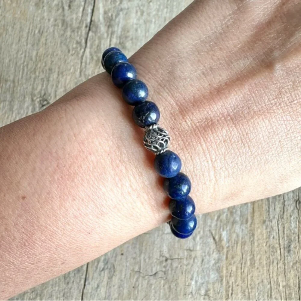 Lapis Lazuli Gemstone Bracelet Sterling Silver Accent Bead Unisex - 8mm Beads