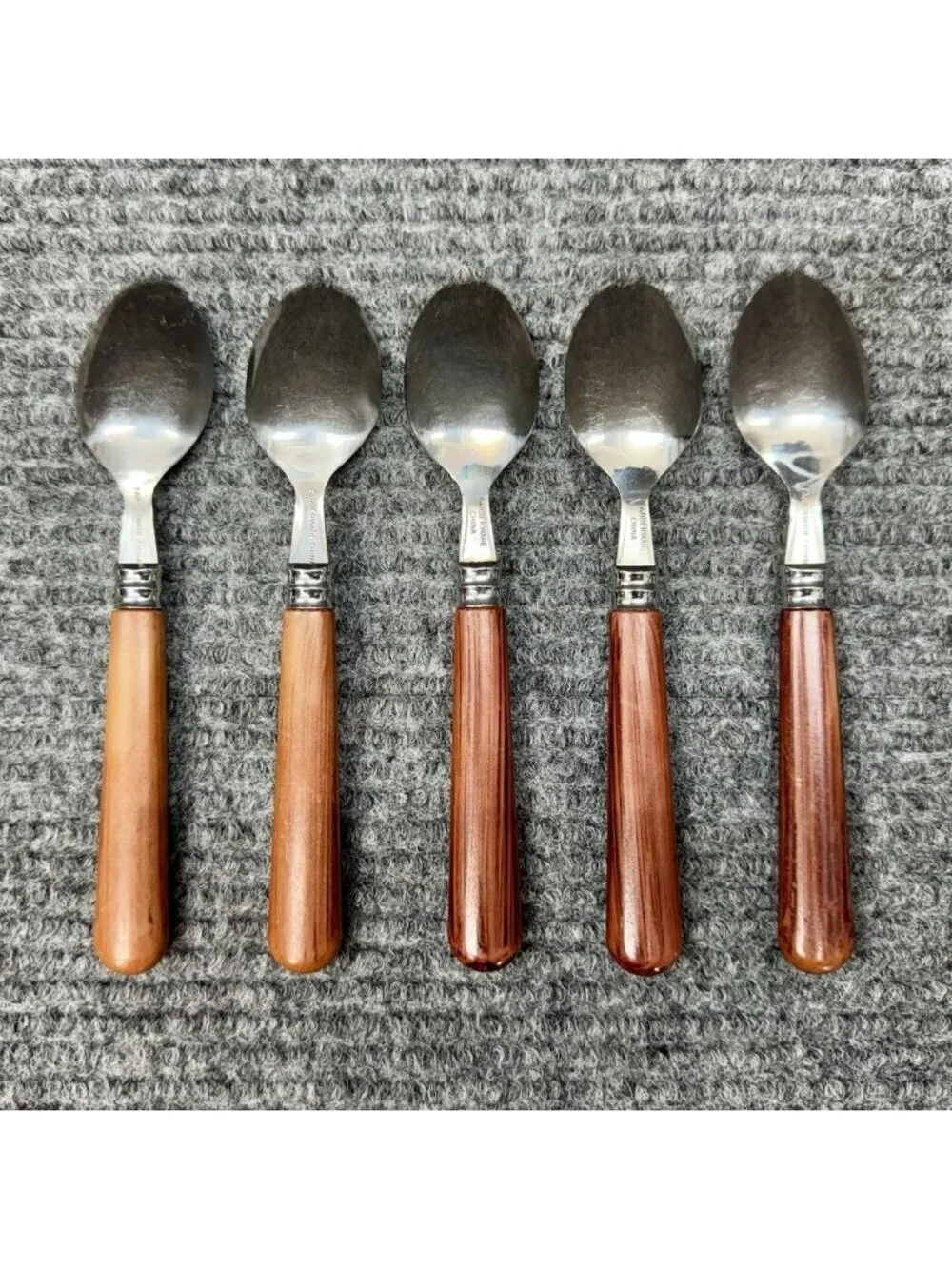 Faberware Silverware Lot Of 5 Spoons Teaspoon Faux Wood Brown Handle Vintage
