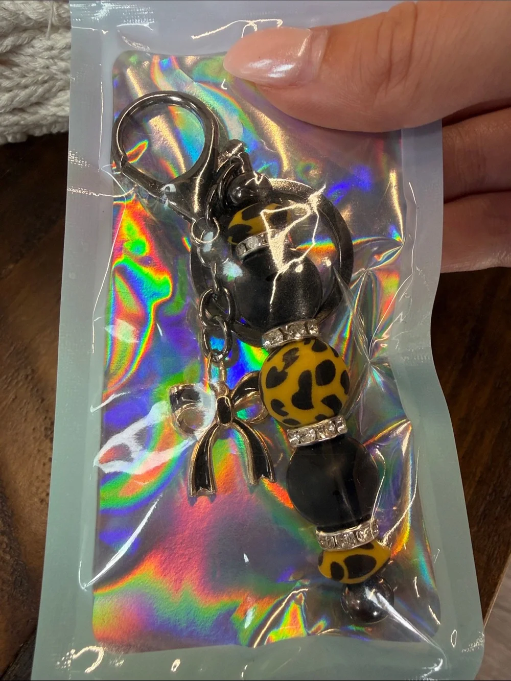 Leopard Bead Keychain with Bow Charm - Yellow & Black