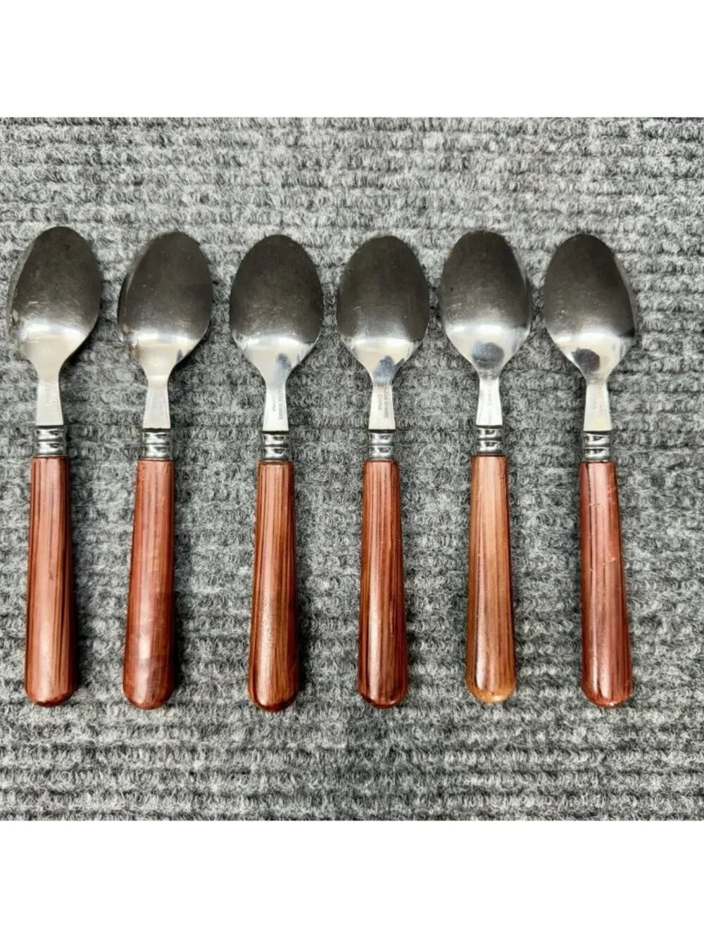 Faberware Silverware Lot Of 6 Spoons Teaspoon Faux Wood Brown Handle Vintage