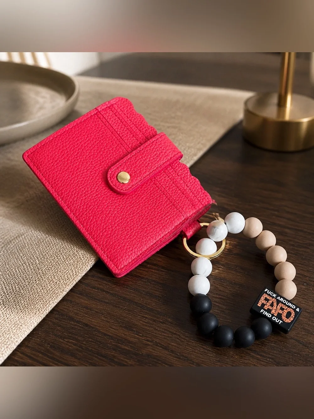 Women's Red Pebbled Leather Card Wallet with Beaded Keyring - Funny - graphic