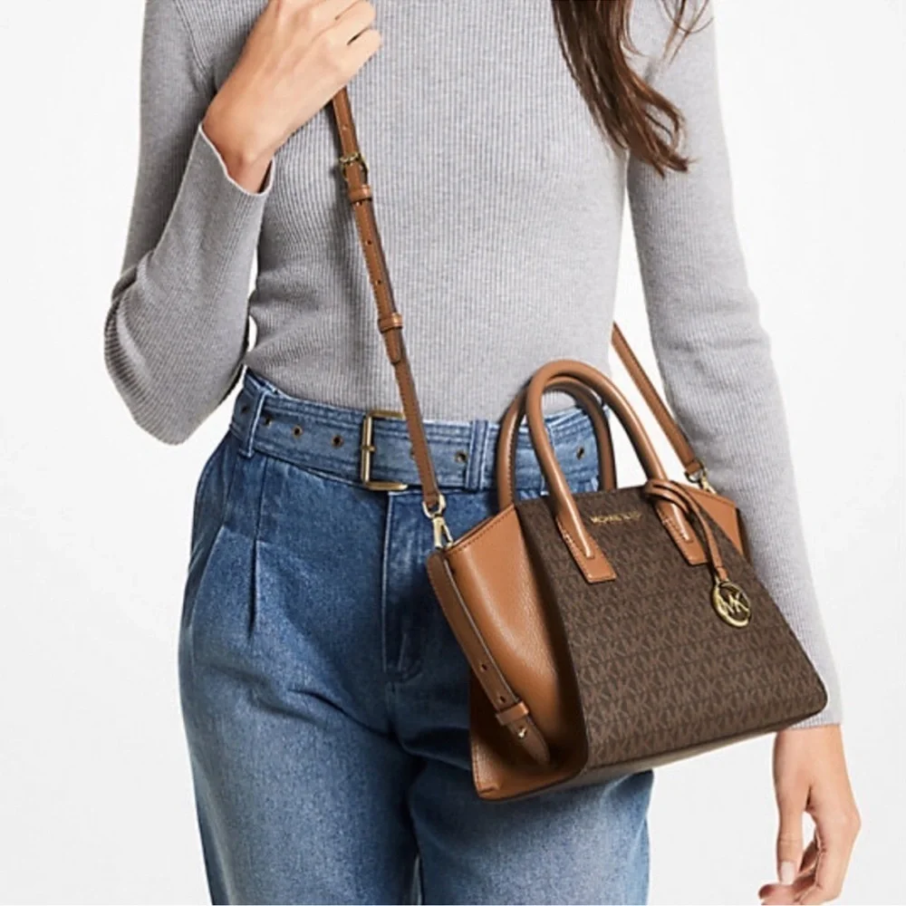Michael Kors Avril Small Leather Logo Satchel Crossbody Brown Top Zip Bag NWT