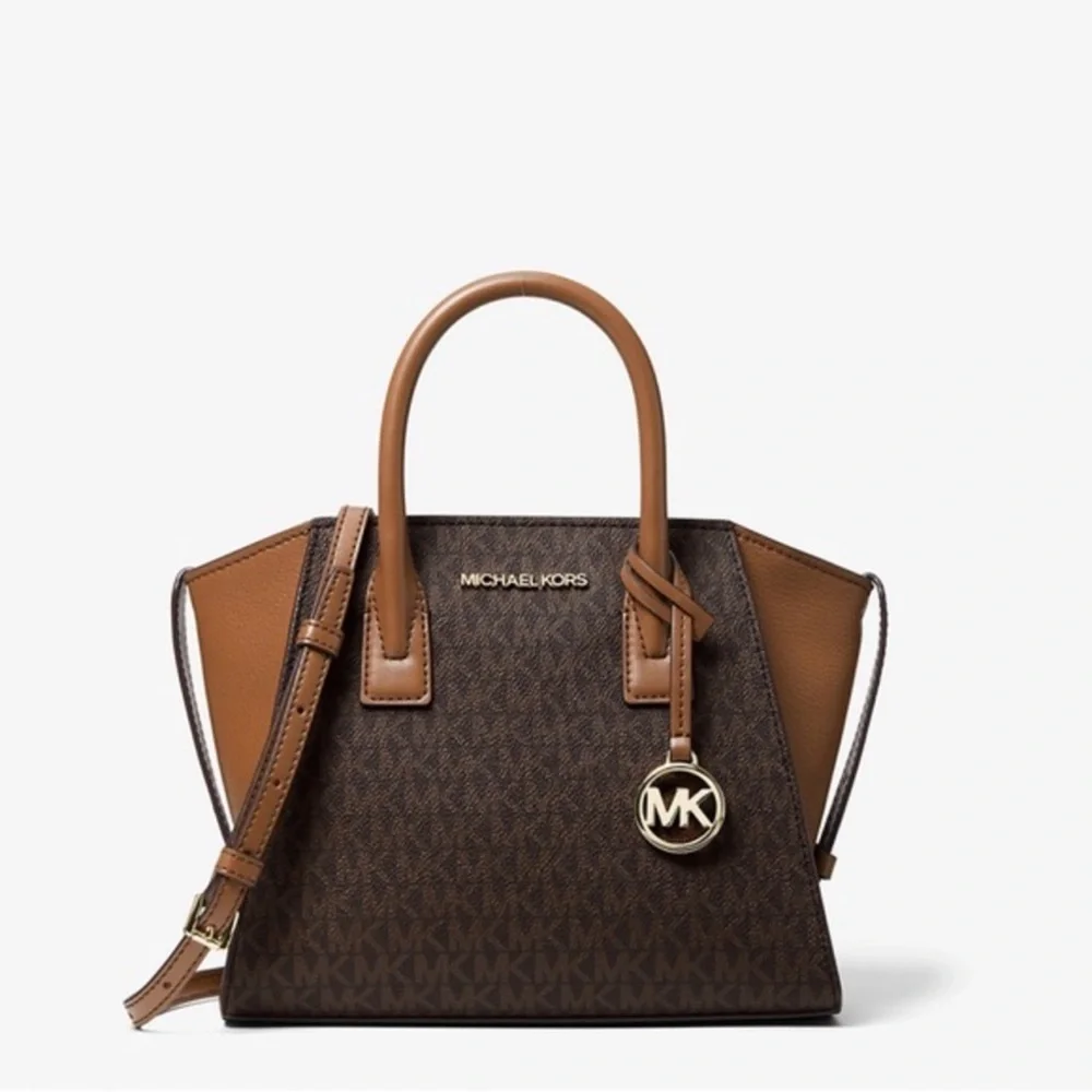Michael Kors Avril Small Leather Logo Satchel Crossbody Brown Top Zip Bag NWT