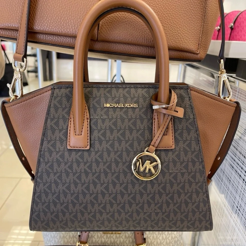 Michael Kors Avril Small Leather Logo Satchel Crossbody Brown Top Zip Bag NWT