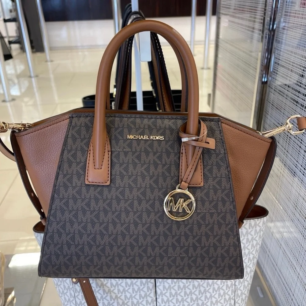 Michael Kors Avril Small Leather Logo Satchel Crossbody Brown Top Zip Bag NWT