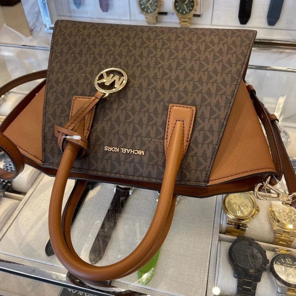 Michael Kors Avril Small Leather Logo Satchel Crossbody Brown Top Zip Bag NWT