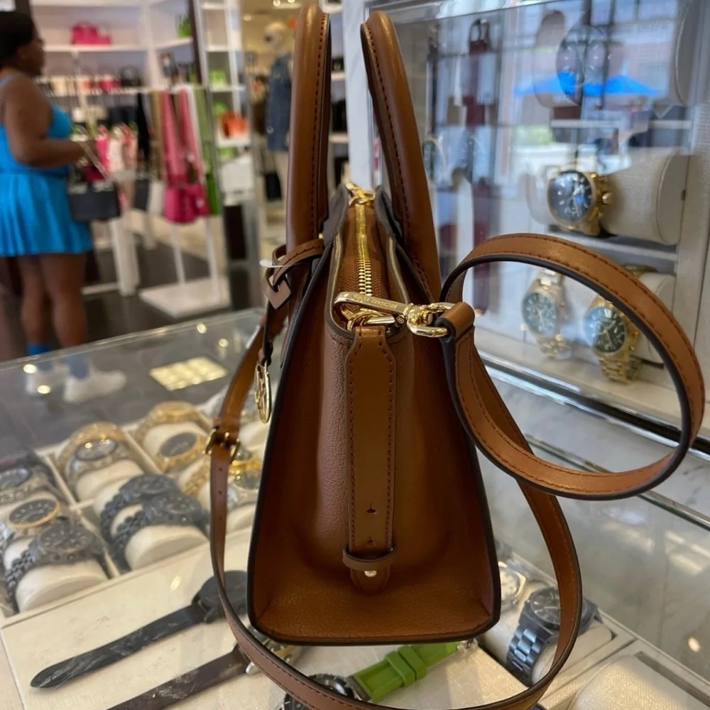 Michael Kors Avril Small Leather Logo Satchel Crossbody Brown Top Zip Bag NWT