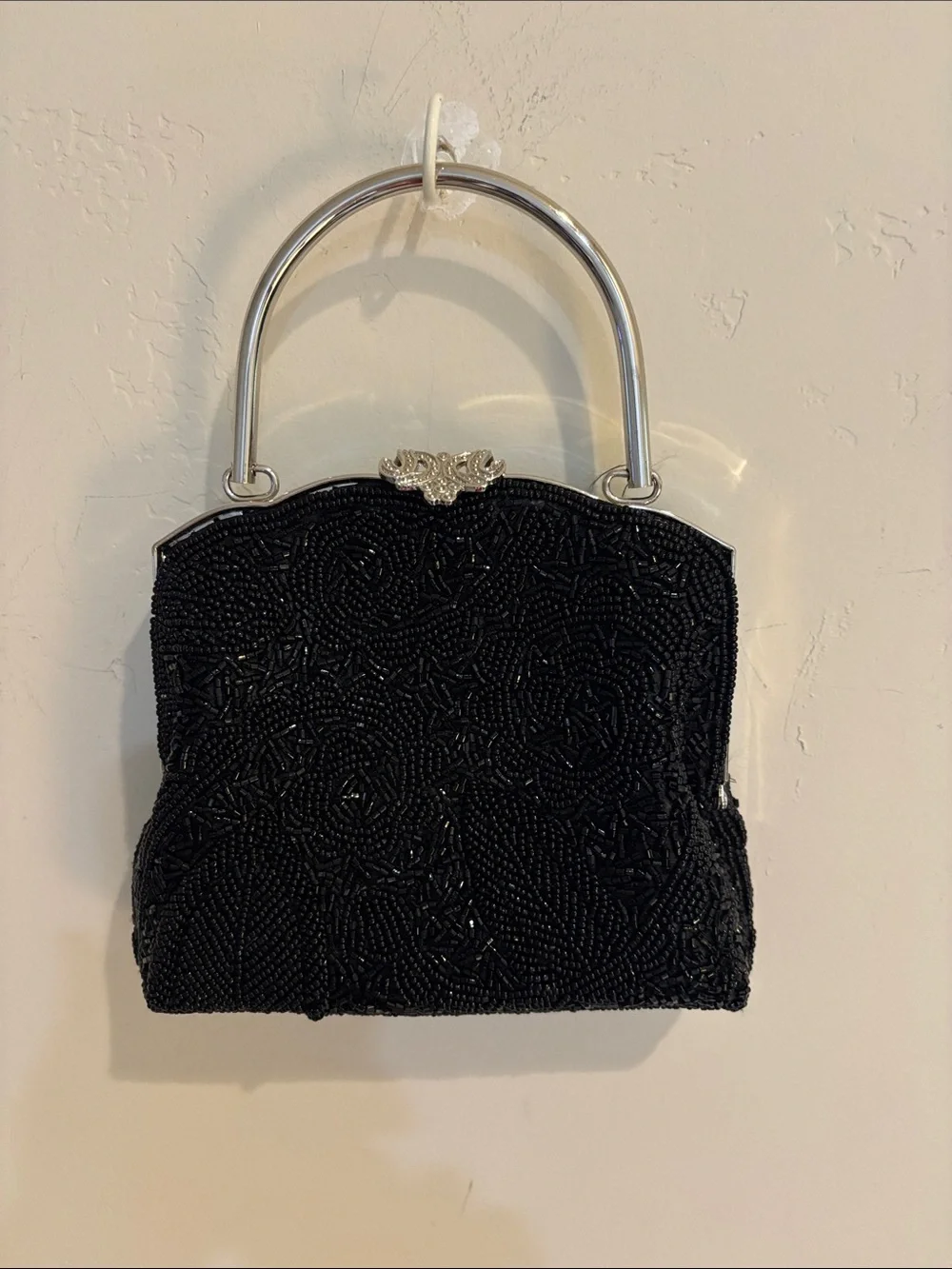 Small Black Beaded w metal Handle Evening Bag, satin lining