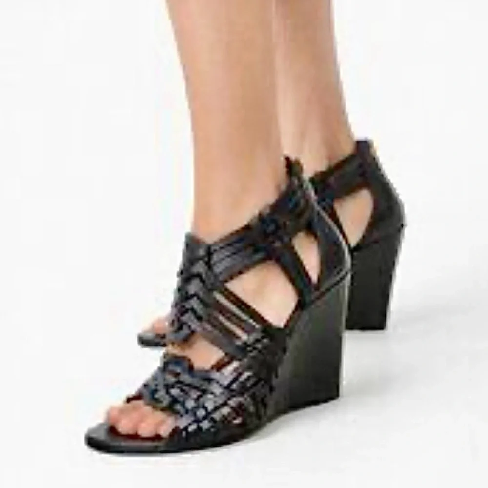 Tory Burch Black Leather Tevray Huarache Wedge Sandals