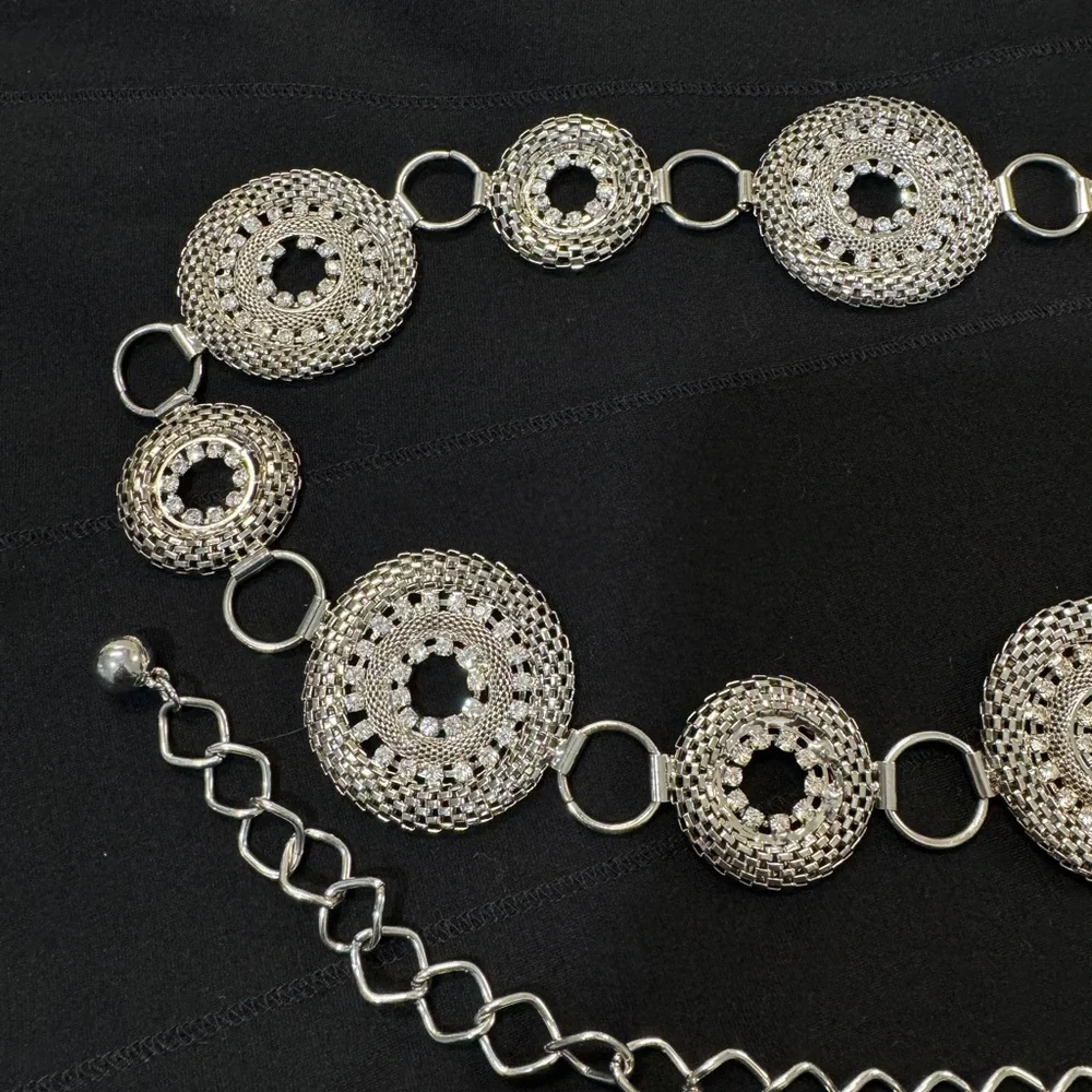 Silver Tone Rhinestone Concho Medallion Belly Body Chain Belt 45”